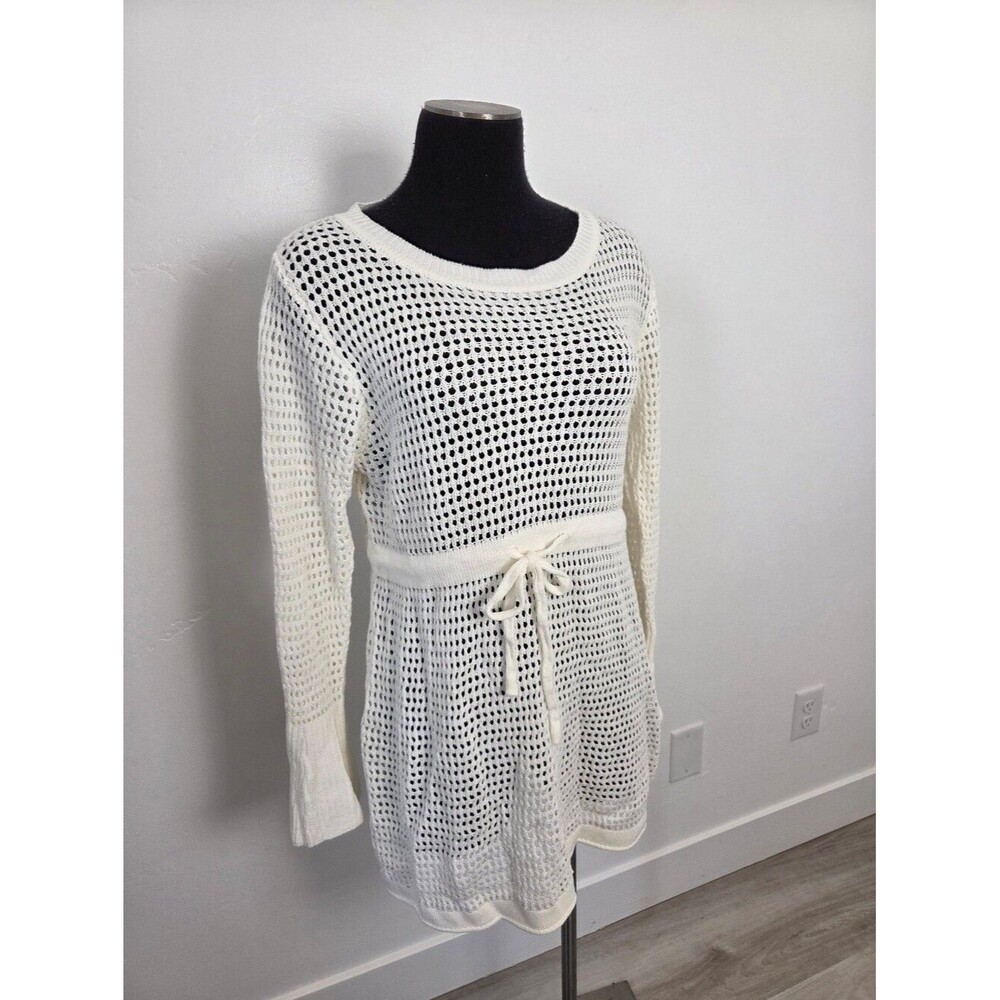 Ivory Cream Loose Knit Swim Cover Up Long Sleeve Sheer Cottagecore Beach Boho L